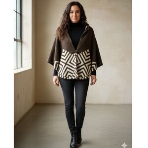 UKU Handmade Ecuadorian Cape - ALLPA Brown Geometric Sustainable‎ Knit Poncho